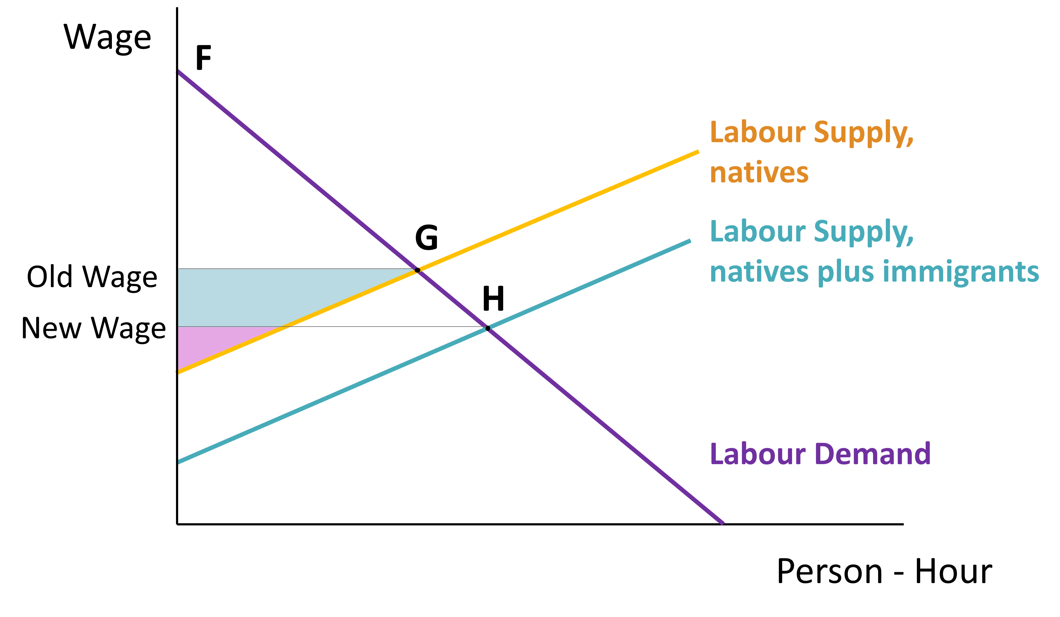 Figure 20-1 has the Wage on the vertical axis and Person Hours on the horizontal axis. There is a purple downward-sloping line that represents the Labour Demand of Employers. This is intersected at "G" by the upward-sloping yellow line representing native workers' Labour Supply. The purple Labour Demand "curve" is also intersected by another (blue) Labour Supply line which is below the original Labour Supply line. The new Labour Supply line represents the labour supply of native workers plus immigrants. It intersects the Demand Curve at point H, further down the Demand curve than point G. The height of point G is equal to the original wage. The height of point H is equal to the new wage once immigrants join the labour force. The new wage is lower than the original wage. The producer surplus, which measures net benefits to workers, is originally the triangle between G, the original wage, and the point where the native supply curve meets the y-axis. After the immigrants arrive, producer surplus is the bottom part of that triangle, cut off by the line between H and the new wage.