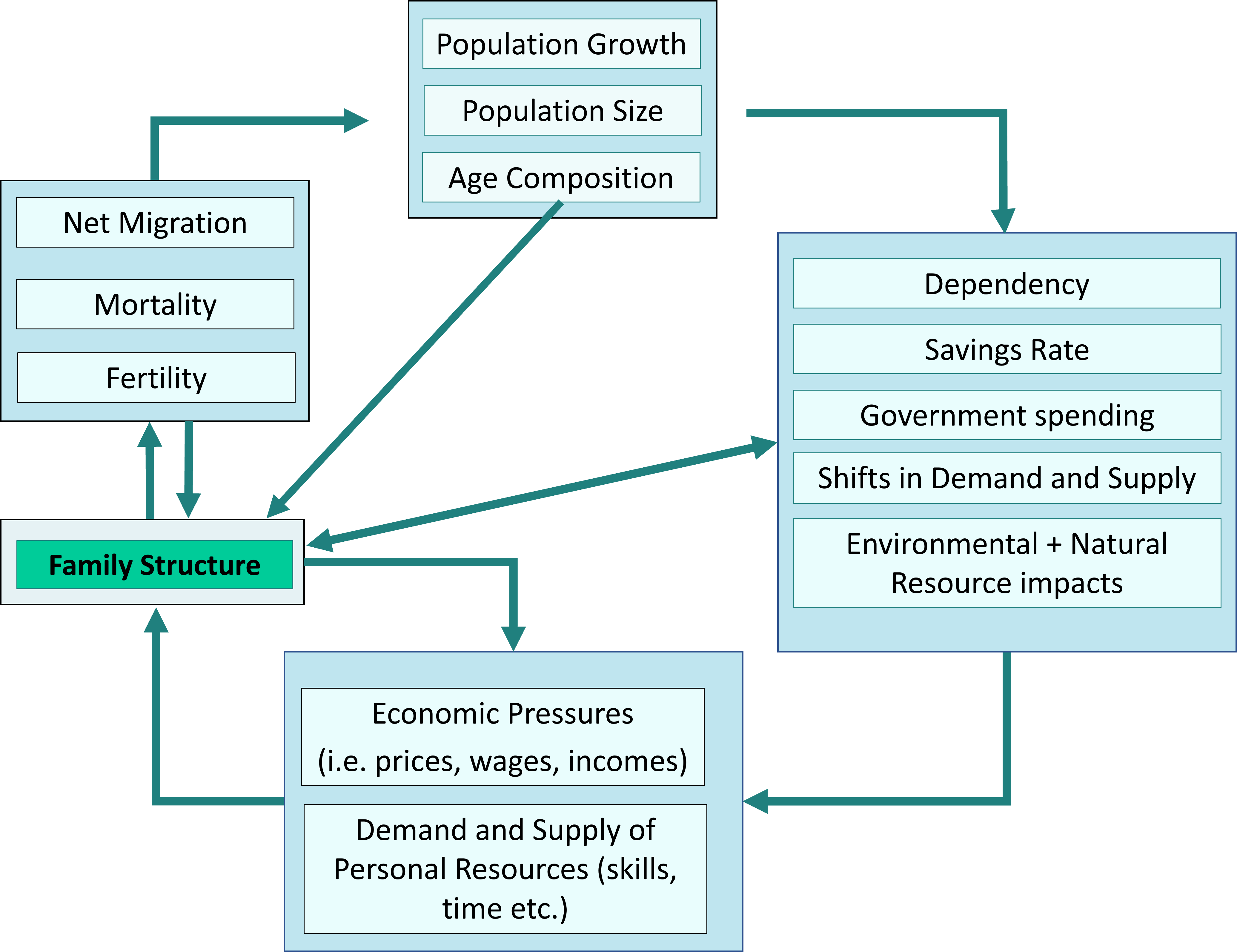 This diagram is like Figure 1-1, but there are some differences. Instead of "Real Income" at six o'clock, there are two items: "Economic Pressures (i.e. prices, wages, incomes)" and "Demand and Supply of Personal Resources (skills, time etc.)". The arrow that leads from these two items in a clockwise direction ends up at a shape called "Family Structure", at about eight o'clock. There is an arrow leading back from Family Structure to the first set of shapes at six o'clock. From Family Structure there is an arrow leading to the set of three shapes Fertility, Mortality, and Net Migration, now positioned at ten o'clock, and an arrow also leads back from these three shapes to Family Structure. As usual there is an arrow from Fertility, Mortality, and Net Migration to Population Growth, Population Size, and Age Composition at twelve o'clock, and an arrow leading from them to Dependency, Savings Rate, Government Spending, Shifts in Demand and Supply, and Environment/Natural Resource Impacts at three o'clock, and as usual there is an arrow between that set and where we began at six o'clock with Economic Pressures and Demand and Supply of Personal Resources. There is now an arrow from "Age Composition" to Family Structure. There is also a two-headed arrow between Family Structure and the shapes at three o'clock, indicating their mutual influence.