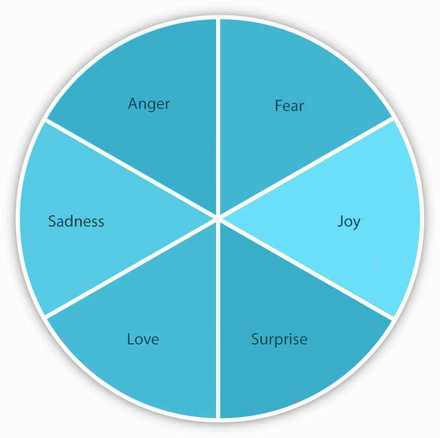 Pie chart with six equal sections: anger, dear, joy, surprise, love, and sadness