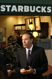 Starbucks Chairman Howard Schultz talks to the media at the Vancouver Waterfront Station location, celebrating 20 years of Starbucks in British Columbia.