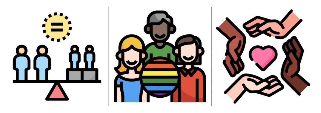 Trois icônes de gauche à droite représentant : l'équité, la diversité et l'inclusion. Icône 1 faite par Noomtah, Icône 2 faite par Surang, Icône 3 faite par Freepik. Tous de www.flaticon.com