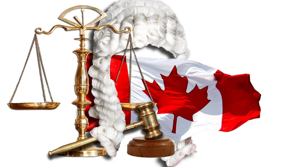 Collage featuring the scales of justice in bronze, a bronze judge’s gavel, the Canadian flag, and a traditional judge’s wig.