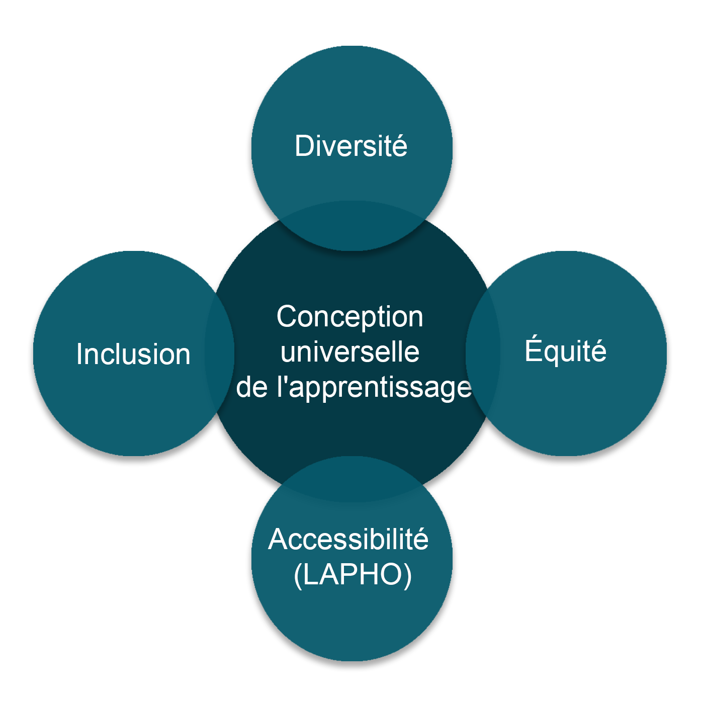 Diagramme de Venn montrant la conception universelle de l'apprentissage au centre et quatre cercles extérieurs qui se chevauchent étiquetés : diversité, équité, accessibilité (LAPHO) et inclusion.
