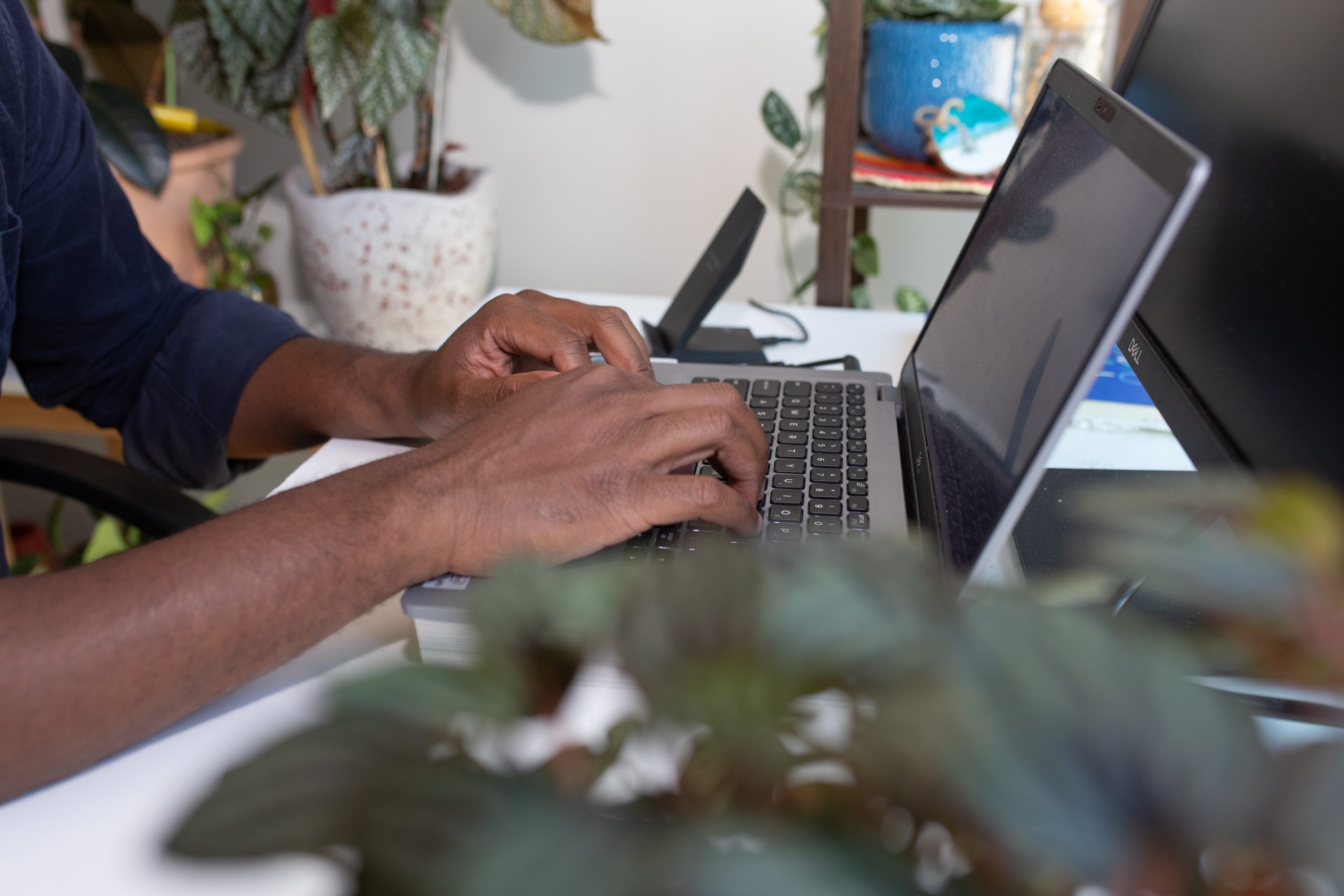 Un homme noir, assis à un bureau tapant à un ordinateur, seuls ses bras sont visibles, dans une pièce avec des plantes.