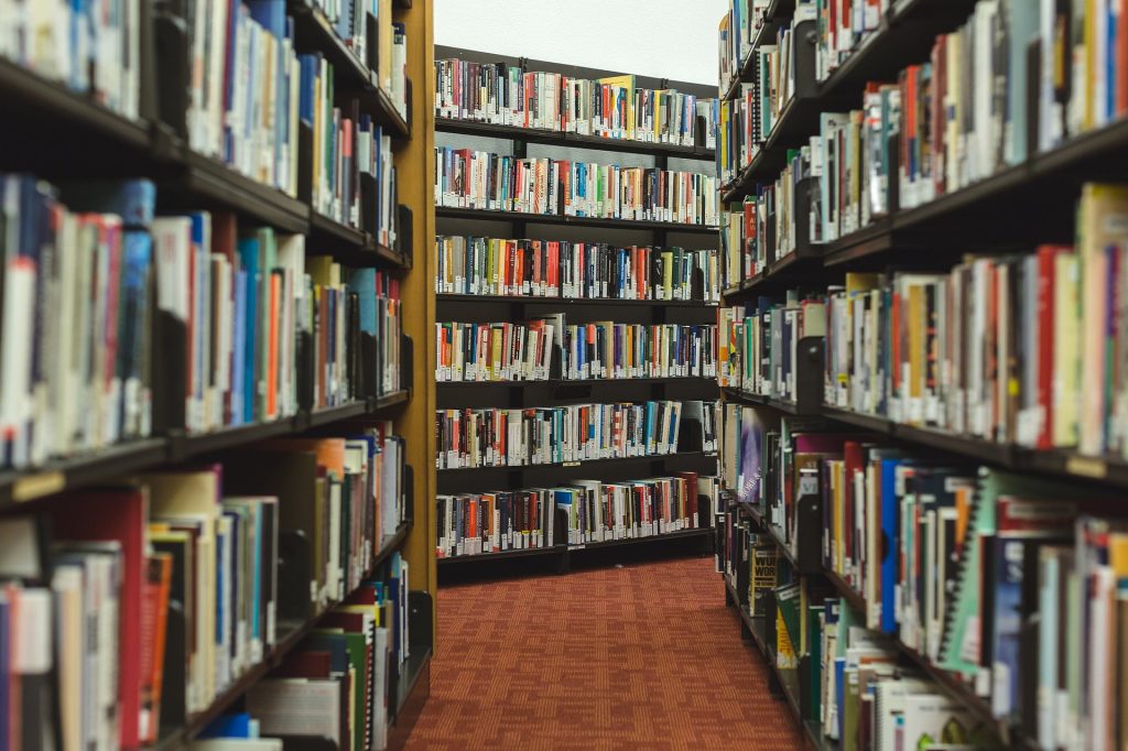 Looking down the aisle of books at the library