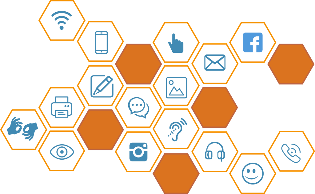 Within a honeycomb graphic, small icons that represent different media types are featured. Examples include hands signing, the assistive listening devices symbol, wifi symbol, and headphones symbol.