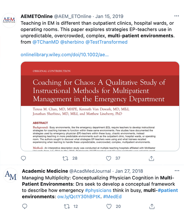Screen capture of two tweets. First tweet reads: AEMETOnline @AEM_ETOnline – January 15, 2019 Teaching in EM is different than outpatient clinics, hospital wards, or operating rooms. This paper explores the strategies EP-teachers use in unpredictable, overcrowded, and complex, multi-patient environments from @TChanMD @Sherbino @TestTransformed https://onlinelibrary.wiley.com/doi/10.1002/aet2.10312 Includes a decorative screen capture of the abstract of the paper. The tweet was retweeted 28 times and liked 37 times. Second tweet reads: Academic Medicine (@AcadMedJounral) – January 27, 2018 Managing Multiplicity: Conceptualizing Physician Cognition in Multi-Patient Environments: Drs seek to develop a conceptual framework to describe how emergency #physicians think in busy, multi-#patient environments: http://ow.ly/QctY30hBPtK. #MedEd The tweet was retweeted 12 times and liked 20 times.