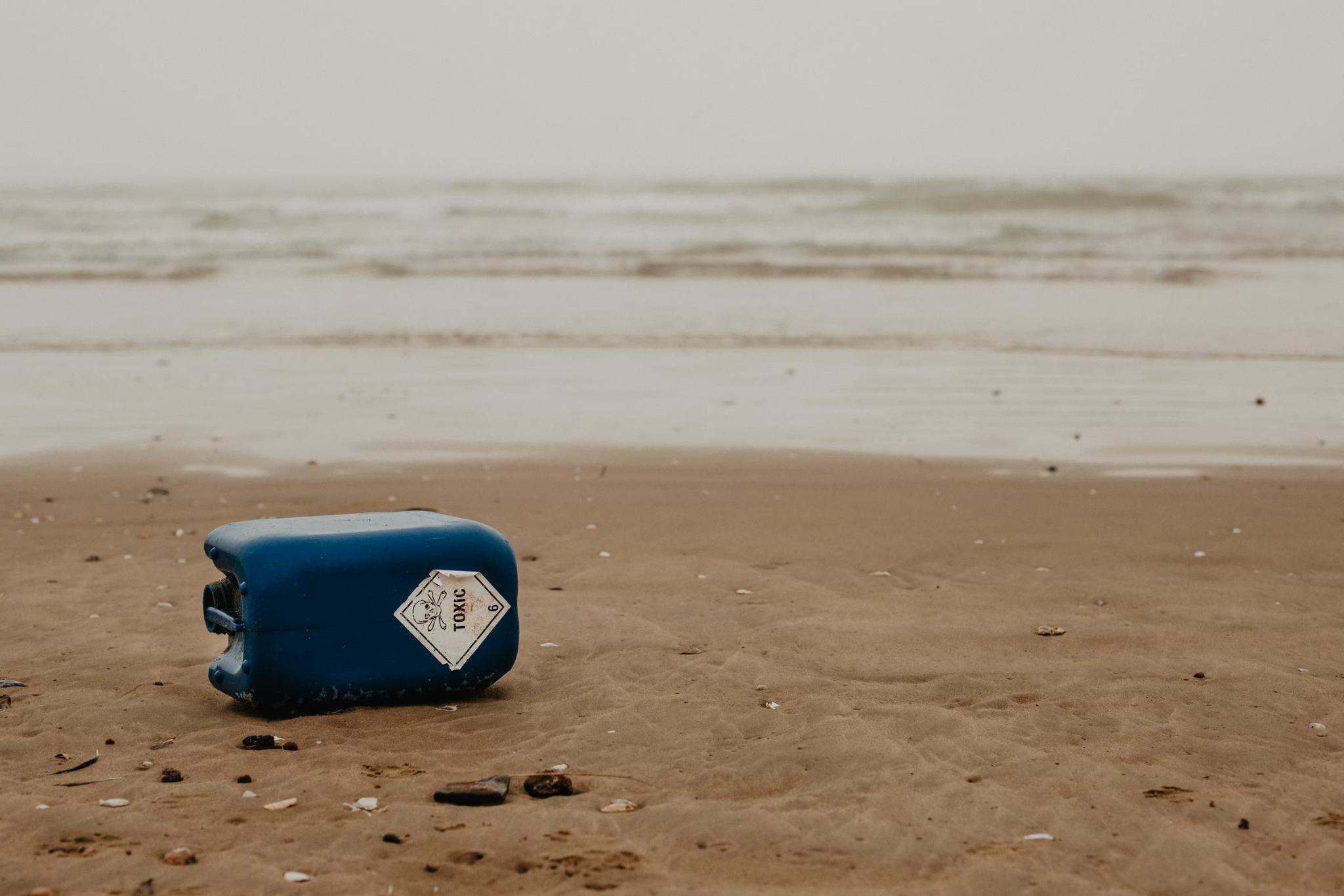 Plastic jug thrown at the beach with a toxic label on it.