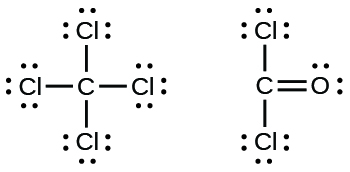 Two Lewis structures are shown. The left depicts a carbon atom single bonded to four chlorine atoms, each with three lone pairs of electrons. The right shows a carbon atom double bonded to an oxygen atom that has two lone pairs of electrons. The carbon atom is also single bonded to two chlorine atoms, each of which has three lone pairs of electrons.