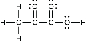 A Lewis structure is shown. A carbon atom is single bonded to three hydrogen atoms and a carbon atom. The carbon atom is single bonded to an oxygen atom and a third carbon atom. This carbon is then single bonded to two oxygen atoms, one of which is single bonded to a hydrogen atom. Each oxygen atom has two lone pairs of electron dots.