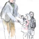 Older man holds a child's hand