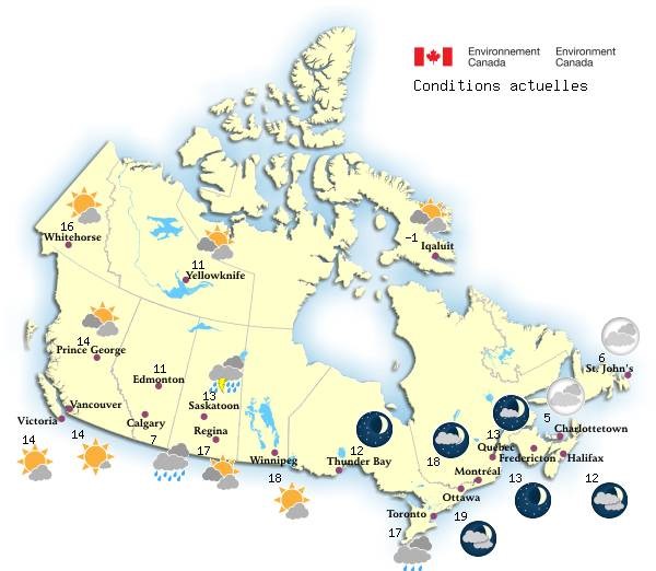 On a weather map of Canada, the temperature is -1 in Iqaluit. In Regina, it's cloudy. It's sunny in Vancouver, and 14 degrees. In Victoria, there is both sun and cloud and its 14 degrees. It's raining in Toronto. There is a thunderstorm in Saskatoon.
