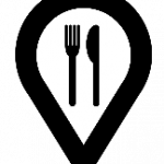 fork and knife and and arrow pointing downward