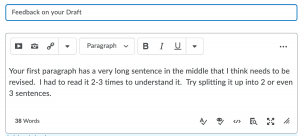 Example of a reply to an online discussion post, giving feedback about the length of a sentence that should be revised. 