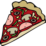 Vector image of slice of pizza. Color illustration of chunky slice of pizza with mushrooms, cheese and salami.
