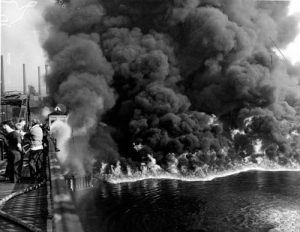 Cleveland’s Cuyahoga River has reportedly caught on fire over a dozen times. One of the largest fires, pictured here occurred in 1952.
