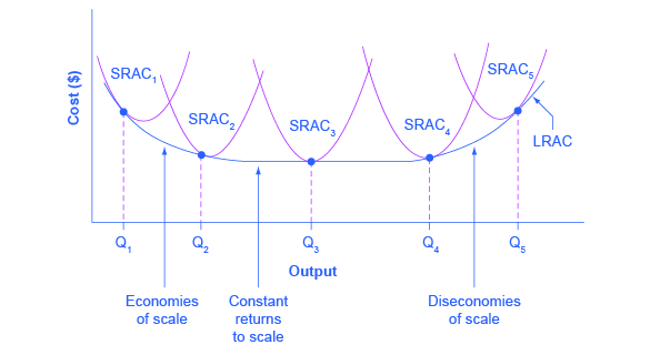 The five different short-run average cost (SRAC) curves each represents a different level of fixed costs, from the low level of fixed costs at SRAC1 to the high level of fixed costs at SRAC5. Other SRAC curves, not in the diagram, lie between the ones that are here. The long-run average cost (LRAC) curve shows the lowest cost for producing each quantity of output when fixed costs can vary, and so it is formed by the bottom edge of the family of SRAC curves. If a firm wished to produce quantity Q3, it would choose the fixed costs associated with SRAC3.