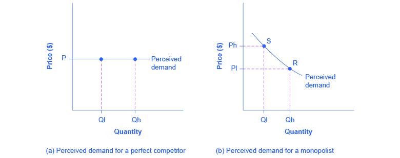 The Perceived Demand Curve for a Perfect Competitor and a Monopolist (a) A perfectly competitive firm perceives the demand curve that it faces to be flat. The flat shape means that the firm can sell either a low quantity (Ql) or a high quantity (Qh) at exactly the same price (P). (b) A monopolist perceives the demand curve that it faces to be the same as the market demand curve, which for most goods is downward-sloping. Thus, if the monopolist chooses a high level of output (Qh), it can charge only a relatively low price (PI). Conversely, if the monopolist chooses a low level of output (Ql), it can then charge a higher price (Ph). The challenge for the monopolist is to choose the combination of price and quantity that maximizes profits.