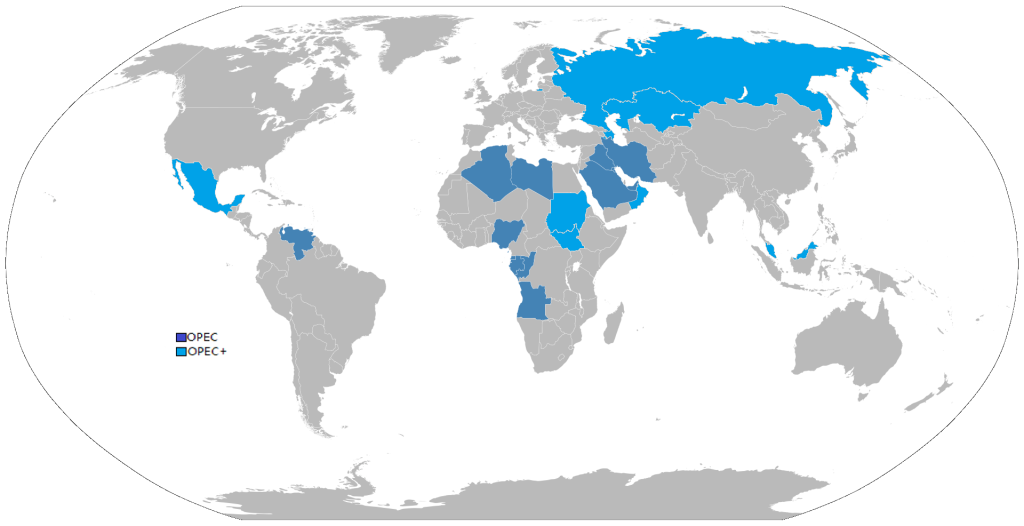 A map of the world where OPEC countries are highlighted.