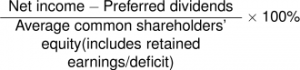 net income minus preferred dividends divided by average common shareholders' equity (includes retained earnings deficit) × 100%