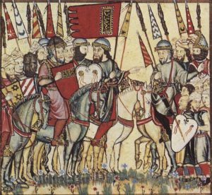 Medieval image of a group of soldiers on horses and on foot holding various banners.