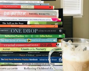 Photo of a stack of books and a cup of coffee.
