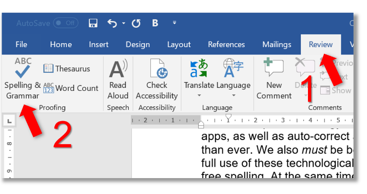 Screenshot of Microsoft Word showing how to spellcheck a document