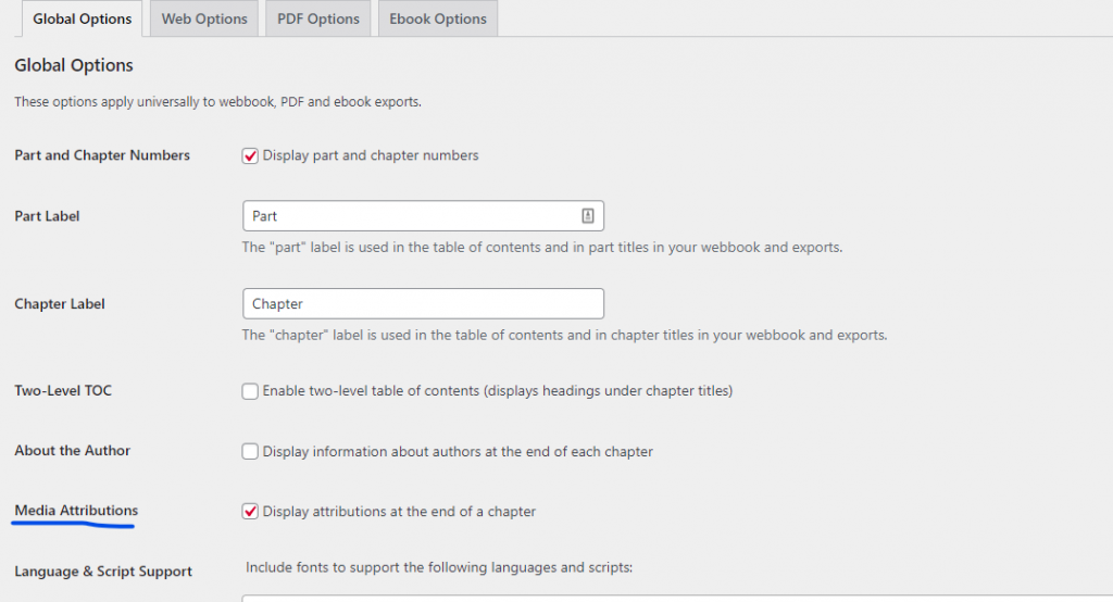 screenshot of media attributions field