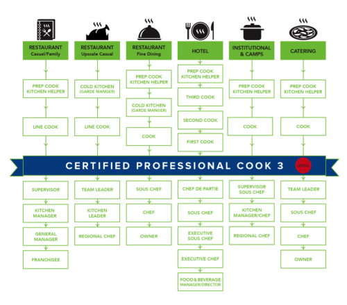 Career options after professional cook 3. Restaurant that is Casual/Family career options include prep cook/kicthen helper, line cook. Once the certified professional cook 3 is attained the career optoins are supervisor, kitchen manager, general manager, franchise. The career options for restaurant upscale casual are cold kitchen, line cook. Once the certified professional cook 3 is achieved the career options are team leader, kitchen leader, and regional chef. Restaurant Fine Dining career options include prep cook/kitchen helper, cold kitchen, cook. Once the certified professional cook 3 is achieved the career options are sous chef, chef, and owner. Hotel career options include prep cook/kitchen helper, third cook, second cook, first cook. Once the certified professional cook 3 is achieved the career options are chef de partie, sous chef, executive sous chef, executive chef, food and beverage manager/director.  Insitutional and Camps career options are prep cook kitchen helper, cook, and once the certified professional cook 3 is achieved the career options include supervisor sous chef, kitchen management/chef, regional chef. Catering career options include prep cook and kitchen helper, cook. Once the certified professional cook 3 is achieved the career options include team leader, sous chef, chef, and owner.