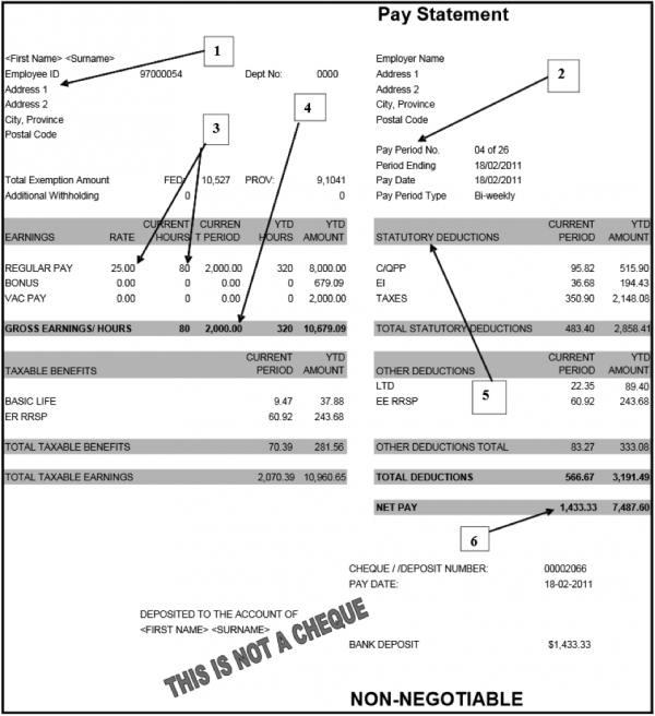 The images shows a sample pay statement. At the top left is the employee name, id, and address. On the right there is the pay period number, payroll ending date, pay date, and pay period type. The pay statement shows the regular pay rate, the current hours, and the gross earning hours. It also shows statutory deductions, and net pay in the current period.
