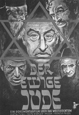 Affiche de propagande sur laquelle on peut y voir un dessin stéréotypé de cinq d'hommes juifs.