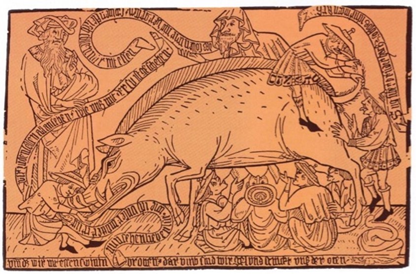 Cette image antisémite représente des Juifs en « contact obscène avec une grande femelle porcine, qui dans le judaïsme est un animal impur, apparue au cours du 13e siècle en Allemagne et dans d'autres pays européens ».