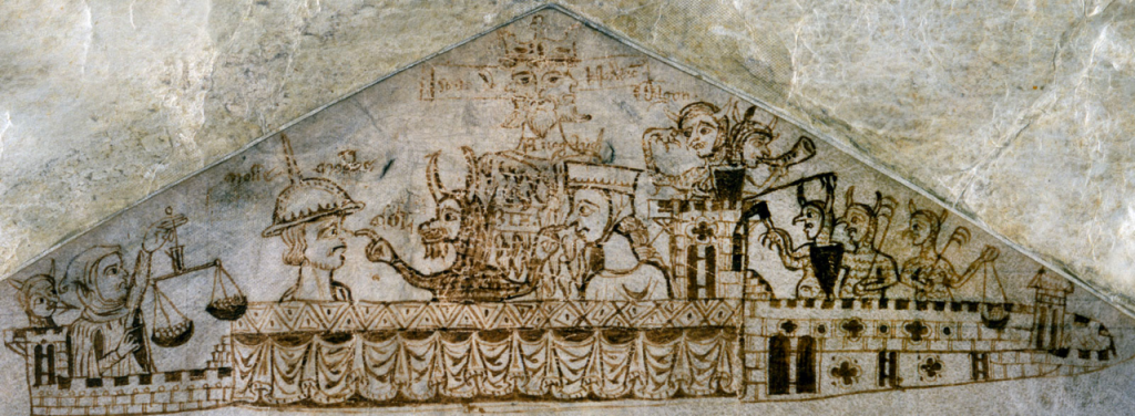 Un exemple de la plus ancienne caricature anti-juive connue. L'image a été dessinée sur un rouleau de reçus anglais datant de 1233.