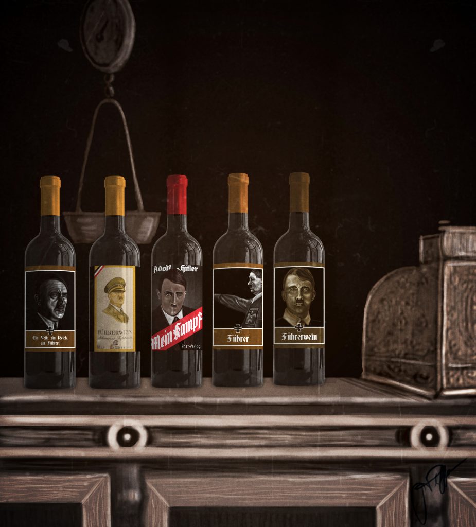 Dessin du vin produit en Italie en vente en Europe avec des étiquettes illustrant Hitler
