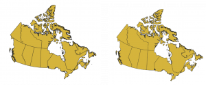 Canada, shown in the Lambert Conformal Conic (left) and Albers Equal Area (right) projected coordinate systems. Can you see the subtle differences in shape, particularly in Ellesmere Island at the northern tip of Nunavut?