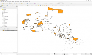 QGIS, with a shapefile representing all provincial parks in Ontario, displayed as orange shapes with black outlines.
