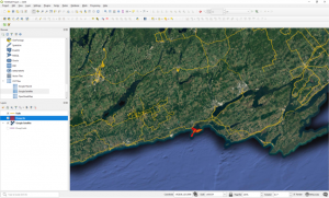 QGIS, with a shapefile representing trails near Presqu'ile provincial park, displayed in orange, and another representing the boundary of the park itself, displayed in red. There is satellite imagery in the background.