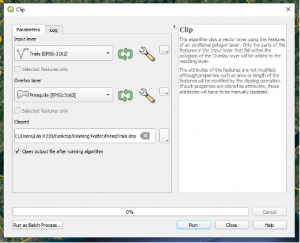 The clip tool window in QGIS. The input layer has been set to 'trails', the output layer to 'Presqu'ile', and the clipped text box contains a file path.
