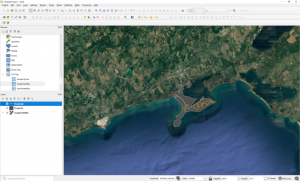 QGIS, with a shapefile representing trails, displayed in orange, and another representing the boundary of Presqu'ile provincial park, displayed in grey. The trails do not extend past the borders of the park.