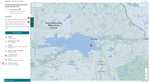 The GeoHub search bar, containing two items related to the search term 'roads'. The first is a document, indicated by the page icon beside it, while the second is a dataset, with an icon which looks like three stacked disks.