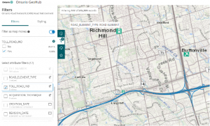 The GeoHub item page after clicking the filter button and choosing to limit the preview to only toll roads. The filtered items are shown on a map in the preview pane as blue lines.