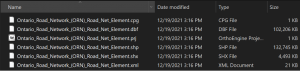 The windows file browser, showing the constituent parts of a shapefile. There are six items all with the same file name, but with different extensions: cpg, dbf, prj, shp, shx, and xml.