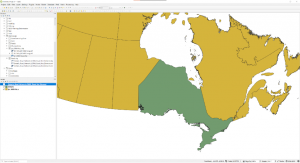 QGIS, with a map showing a portion of Canada. Most of the provinces are yellow with black outlines, while Ontario is green.