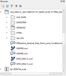 The QGIS browser panel, showing the file strucutre of Sentinel 2 satellite imagery. A file labelled 'MTD_MSIL1C.xml', with a grid icon beside it, is highlighted.