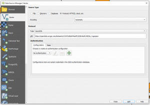 The QGIS Data Source Manager window, set up to import a shapefile using an API. The 'Protocol' radio button is active, and a URL has been pasted into the text box labelled URI.