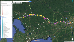 A google map showing the area between Montreal and Georgian Bay. There are multicoloured placemarkers along the lengths of the Ottawa, Mattawa, and French Rivers.