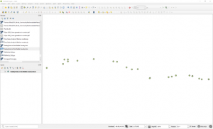 QGIS, showing several green points representing trading posts. The points form a wavy line across the map panel.