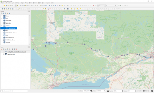 QGIS, with the same points as before, now showing a road map in the background. The points follow the line of the Ottawa, Mattawa, and French Rivers.