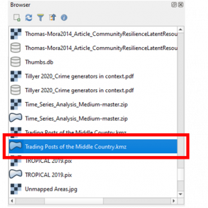 The QGIS browser panel. A vector file labelled "Trading Posts of the Middle Country.kmz" has been highlighted.