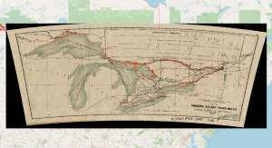 The map of the great lakes, warped into an arch shape. It is displayed on top of a road map, and has the border of Ontario draped over it in red.